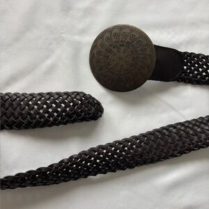 Bohemian braided leather belt with statement metal circle buckle (size OS)
